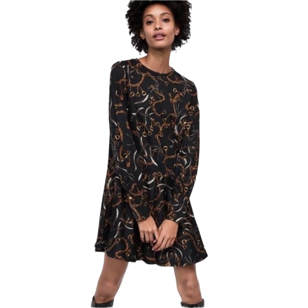 Zara Chain Print Long Sleeve A-Line Mini Dress